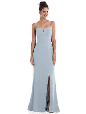 Mist blue crepe trumpet gown with notch neckline, spaghetti straps, and front slit