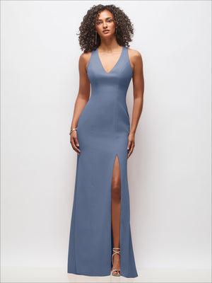 Sleeveless blue maxi dress with V-neck and front slit