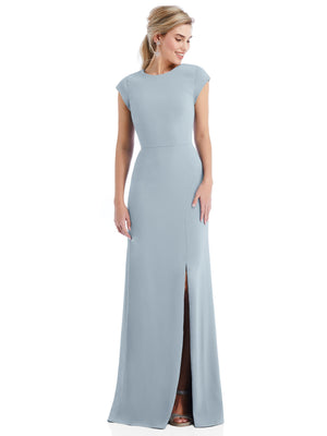Light blue cap-sleeve gown with open back and front slit, trumpet silhouette