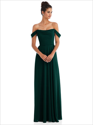 Evergreen off-shoulder draped maxi dress with soft off-shoulder neckline.
