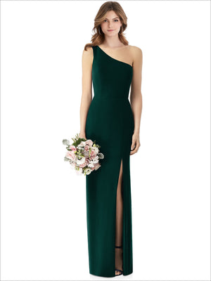 One-shoulder crepe trumpet gown with front slit, deep dark teal-green