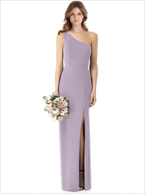 One-shoulder crepe trumpet gown in lavender with front slit
