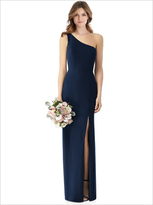 Navy one-shoulder crepe trumpet gown with front slit
