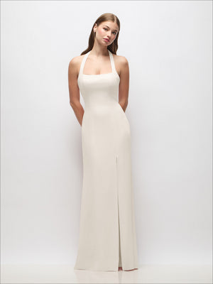 Ivory halter trumpet gown with tie straps and open back, front slit