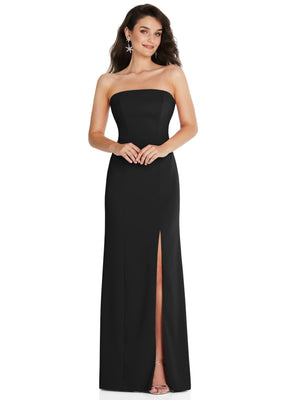 Black strapless maxi dress with front slit