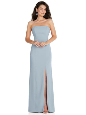 Light blue strapless maxi dress with front slit