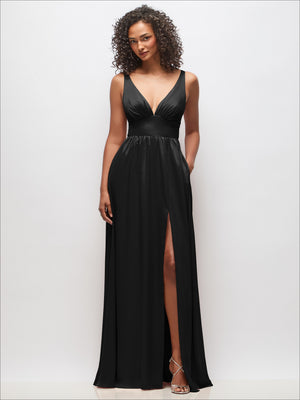 Black deep V-neck shirred maxi dress with adjustable straps and front slit