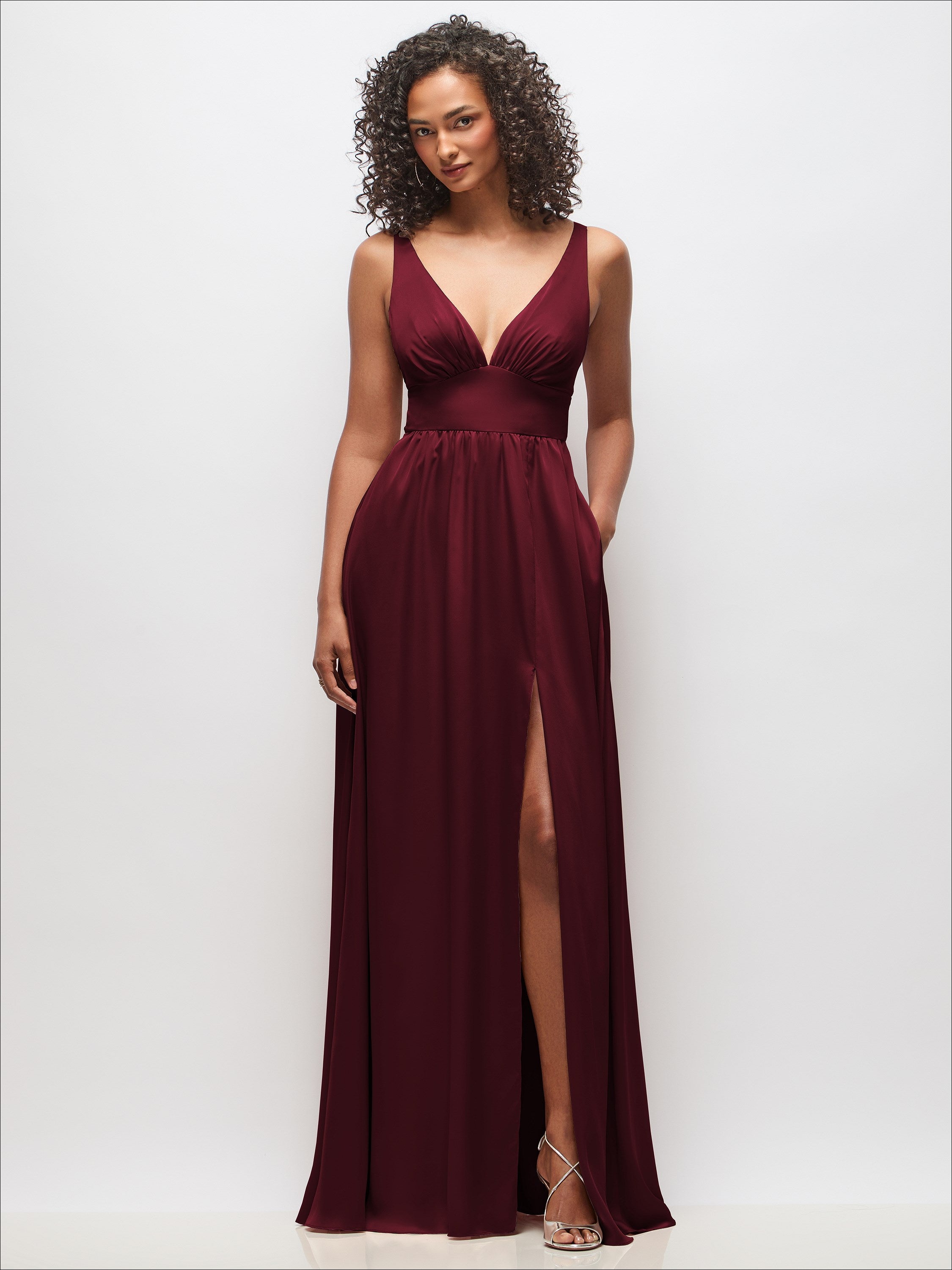 Deep V-Neck Shirred Skirt Maxi Dress with Convertible Straps