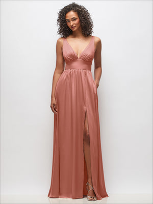 Dusty rose deep V-neck maxi dress with shirred waist, convertible straps, and side slit