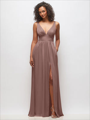 Rose-pink deep V-neck maxi dress with shirred waist and convertible straps with slit