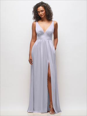 Periwinkle blue maxi dress with deep V-neck, shirred bust, thin straps, and front slit