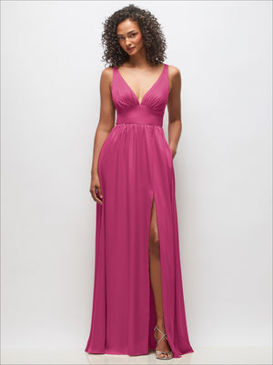 Deep V-neck shirred maxi dress with convertible straps, sleeveless, front slit, rose pink