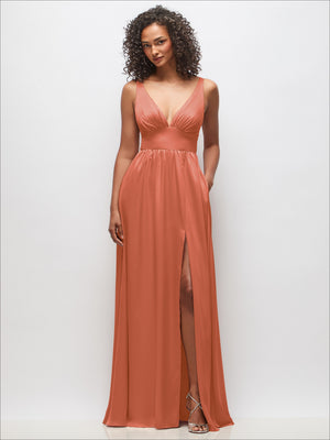 Deep V-neck shirred maxi dress with convertible straps, sleeveless, front slit, terracotta