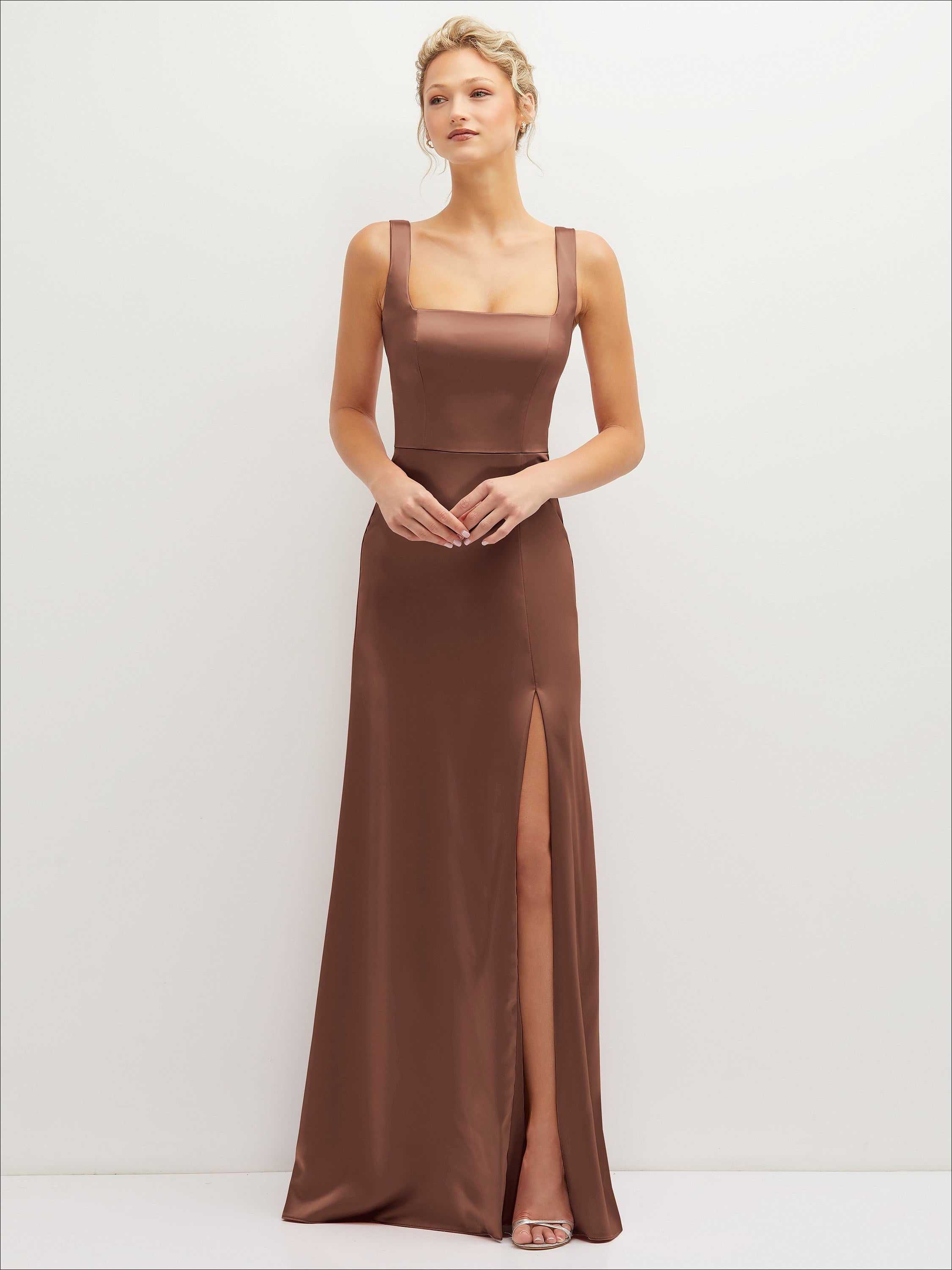 Square-Neck Satin A-line Maxi Dress with Front Slit