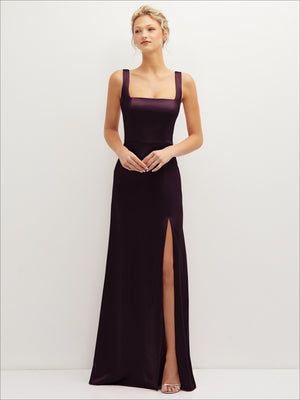 Square-neck satin A-line maxi dress, sleeveless plum with front slit