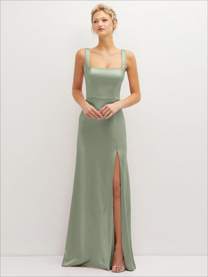 Square-neck satin A-line maxi dress with front slit, muted green