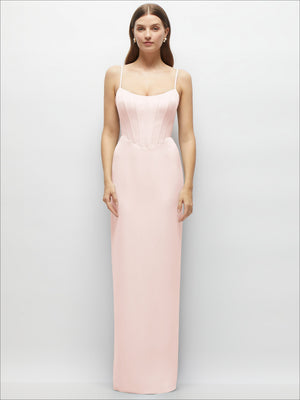 Corset-style crepe column maxi dress with adjustable straps, blush pink, square neckline.