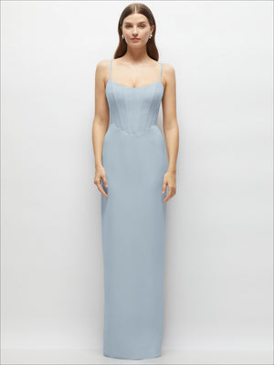 Corset-style crepe column maxi dress, adjustable thin straps, square neckline, light blue.