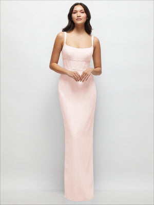 Blush corset midriff crepe maxi dress with spaghetti straps, column silhouette