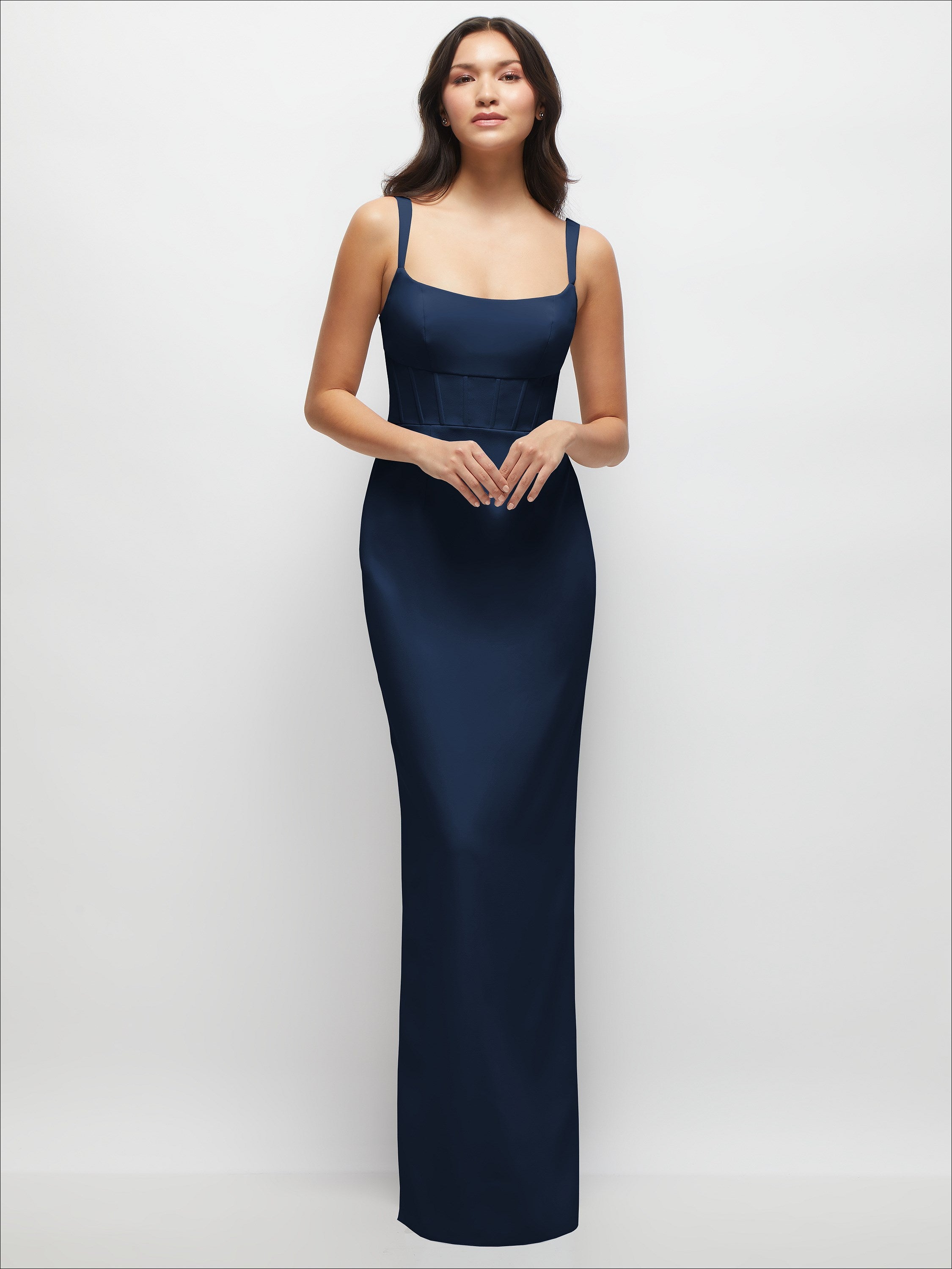 crepe corset bridesmaid dress with charmeuse skirt Midriff Column Maxi Tea length