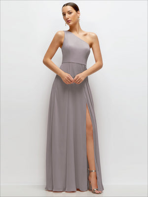 Chiffon one-shoulder maxi dress in soft gray with one-shoulder strap and side slit
