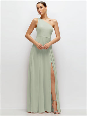 One-shoulder chiffon maxi dress in sage green, front view with side slit detail