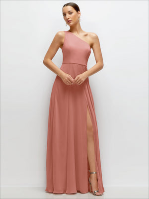 Rosewood one-shoulder chiffon maxi dress with circle skirt and side slit