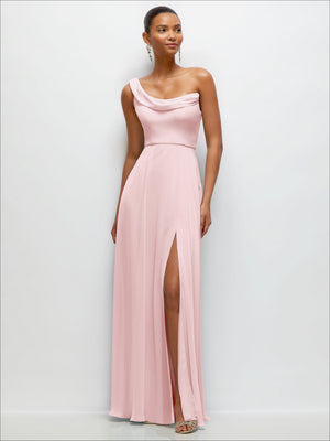 Chiffon One-Shoulder Maxi Dress with Draped Cowl Neckline