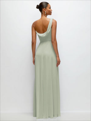 Chiffon One-Shoulder Maxi Dress with Draped Cowl Neckline