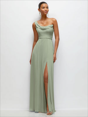 Chiffon One-Shoulder Maxi Dress with Draped Cowl Neckline