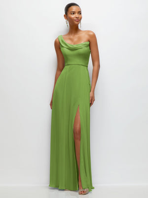 Chiffon One-Shoulder Maxi Dress with Draped Cowl Neckline