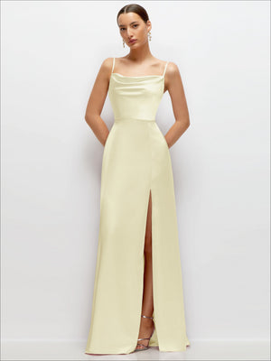 Cowl Neck Satin Maxi Dress with Adjustable Spaghetti Straps