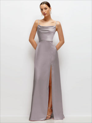 Cowl Neck Satin Maxi Dress with Adjustable Spaghetti Straps