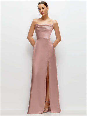Cowl Neck Satin Maxi Dress with Adjustable Spaghetti Straps