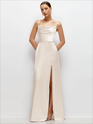 Cowl Neck Satin Maxi Dress with Adjustable Spaghetti Straps