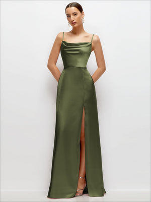 Cowl Neck Satin Maxi Dress with Adjustable Spaghetti Straps