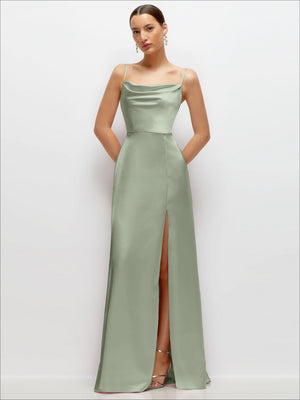 Cowl Neck Satin Maxi Dress with Adjustable Spaghetti Straps