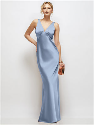 Sleeveless V-Neck Stretch Satin Bias Slip Maxi Dress