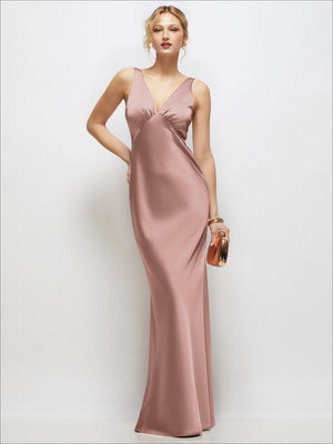 Sleeveless V-Neck Stretch Satin Bias Slip Maxi Dress