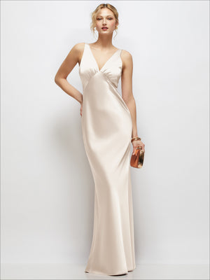Sleeveless V-Neck Stretch Satin Bias Slip Maxi Dress