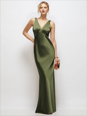 Sleeveless V-Neck Stretch Satin Bias Slip Maxi Dress