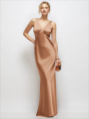 Sleeveless V-Neck Stretch Satin Bias Slip Maxi Dress