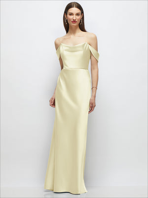 Light yellow satin A-line maxi dress with off-shoulder drape and soft pleats