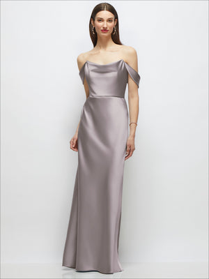 Satin A-line maxi dress with off-the-shoulder drape, light gray with subtle sheen.