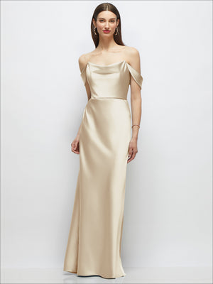 Satin A-line maxi dress with off-the-shoulder drape, champagne-beige, front view.