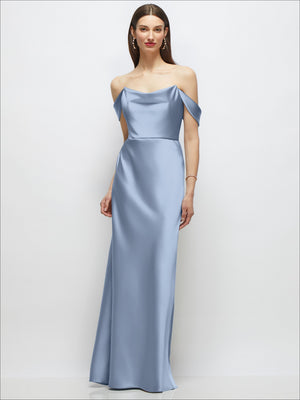 Light blue satin maxi dress with draped off-the-shoulder straps, front view