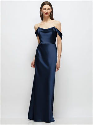 Off-the-shoulder satin maxi A-line dress in deep navy with draped sleeve detail