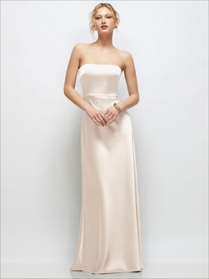 Strapless A-line stretch satin maxi dress in champagne cream, straight strapless neckline.