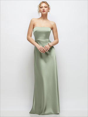 Sage green satin strapless A-line maxi dress with smooth fitted bodice