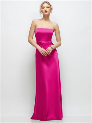 Think Pink strapless satin maxi dress with fitted bodice and A-line skirt